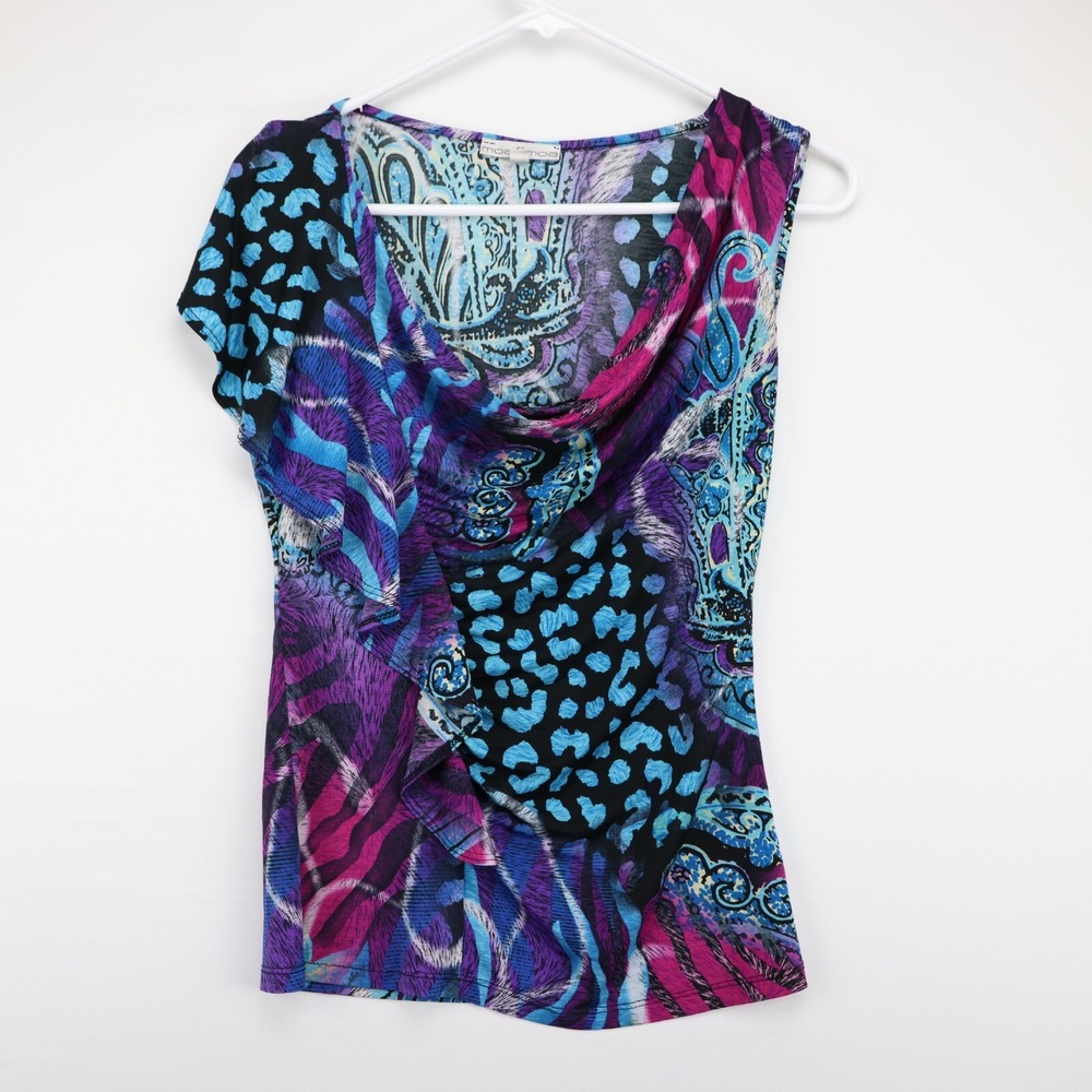 Moa Moa Animal Print Cowl Neck Flutter Sleeve Top Multicolor Medium